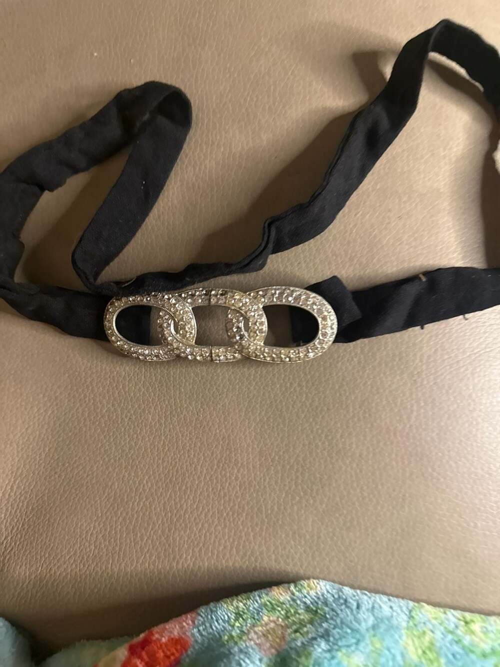 Vintage  Black cloth Belt with Rhinestone Link Buckle